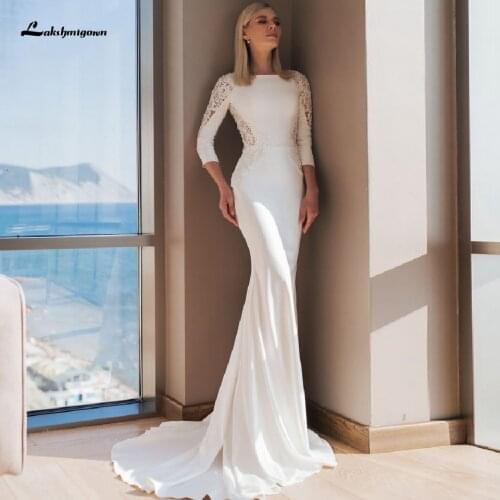 Lakshmigown Chic Satin Dress Bridal Mermaid Wedding Gown Vestidos Playa 2020 Sexy Boho Wedding Dress Vintage Lace Illusion Back