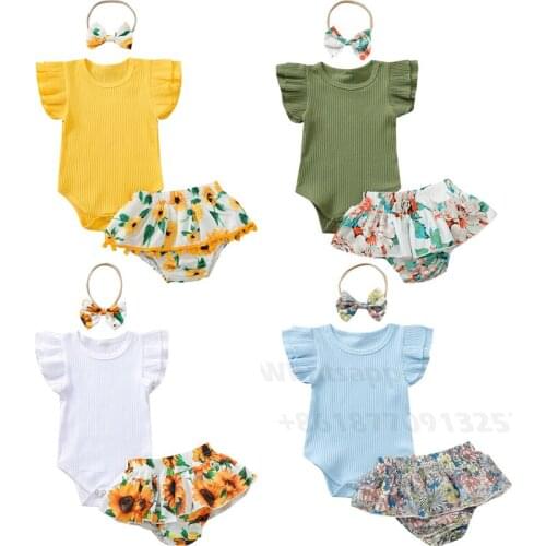 0-24M Newborn Baby Girls Summer Casual Outfits Fly Sleeve Ribbed O-neck Romper+Printed Ruffles Shorts Holiday Cotton Clothing