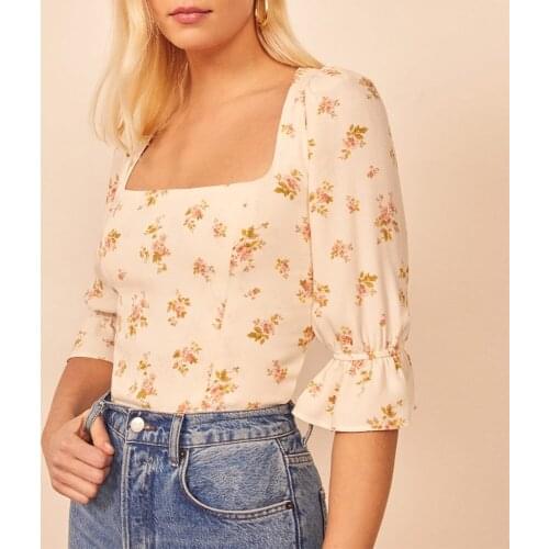 Summer Tops Women Clothing Square Neck Flare Sleeve Shirred Vintage Blouses For Women Elegant Floral Print Chiffon Blouse Top