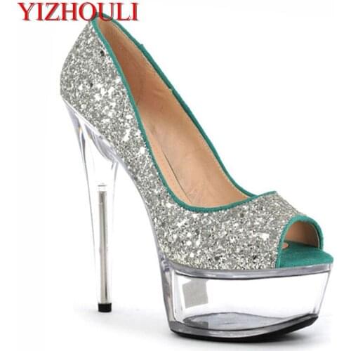 Fashion Transparent Pumps 2018 Peep Toe 15cm Summer Sexy High Heels Platform Rhinestone Woman Pumps Silver/Gold Wedding Shoes