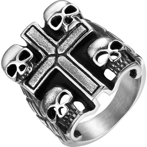 BONISKISS Punk Vintage Gothic Men Ring Skull Cross Steampunk Stainless Steel Ring Mens Biker Jewelry Hip Hop Dropshipping