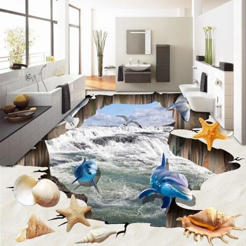 Custom Mural Wallpaper 3D Waterfalls Beach Shell Dolphin Floor Tiles Sticker Bathroom Living Room PVC Waterproof Papel De Parede