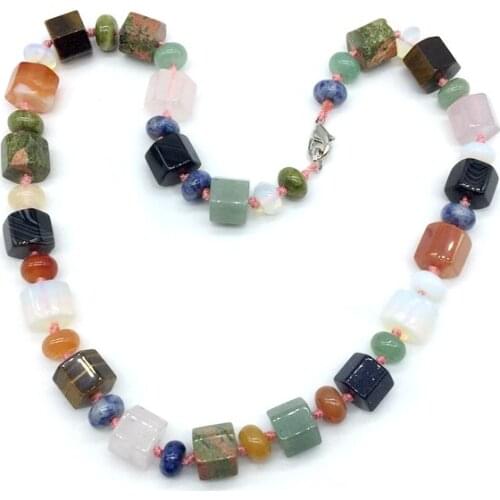 Natural Stones Beads Knotted Necklace Faceted Cube Bead Mixed Colorful Stone Woman Jewelry For Her Gift