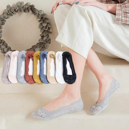 5Pairs Women Girls Summer Socks Lace Flower Short Sock Silicone Antiskid Invisible Ankle Socks Female Students Boat Socks