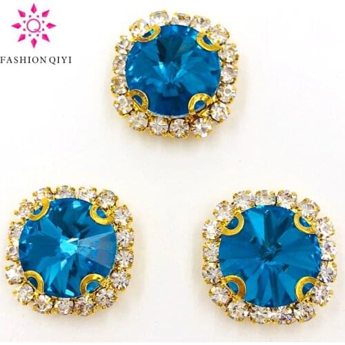 New 10pcs/pack Lake blue Round shape gold base sew on rhinestones Crystal button wedding decoration diy/clothing accessories
