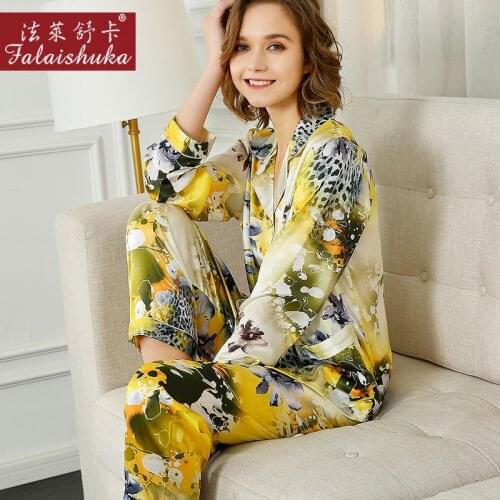 100% Natural Silk Pajama Sets Female Spring Autumn Real Silkworm Silk Sleepwear Fashion Printed Women Pyjamas T8236