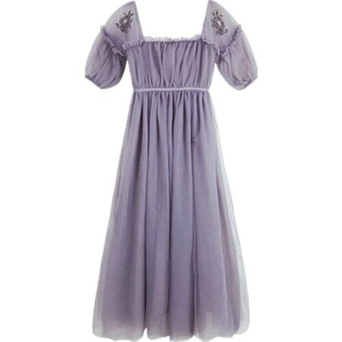 PERHAPS U Violet Slash Neck Short Sleeve Maxi Dress Summer Elegant A-line Solid Puff Sleeve Mesh D1862