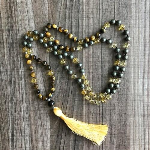 Drop Shipping Pyrite & Tiger Eye & Yellow Quartz Mala Necklace 108 Mala Beads Necklace Meditation Jewelry Original Design