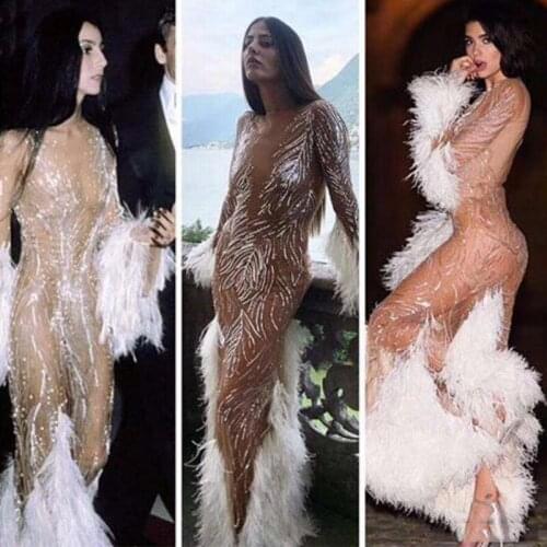 Rhinestones Pearls Mesh Long Dress Birthday Celebrate Dresses Feather See Through Rave Outfit Singer Prom Party Dresses DT1356