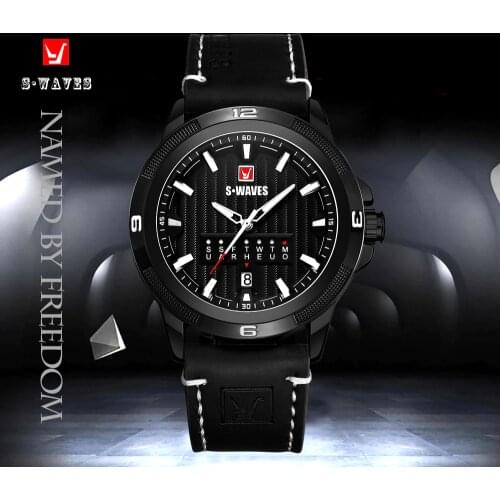 SWAVES Unique Wristwatch Mens Week Quartz Fashion Relogio Masculino Casual Date Black Leather Waterproof Luxury Watch Men Clock