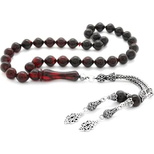 Tesbihane 925 Sterling Silver Tassels Istanbul Cut Filtering Red Fire Amber Prayer Beads
