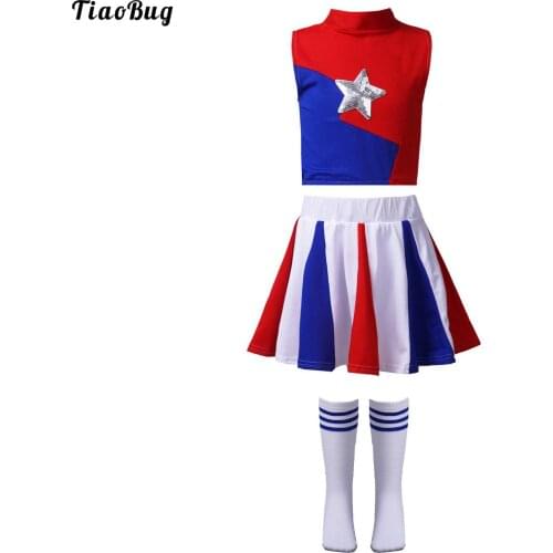 TiaoBug Kids Girls Cheerleading Clothes Set Sleeveless Round Neck Sequins Star Decor Front Crop Top With Skirt Stretchy Socks