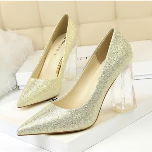 2019 Spring Woman Sexy Pointed Toe Pumps Transparent Crystal Heel High Heels Shoes Female Slip On Ladies Office Shoes