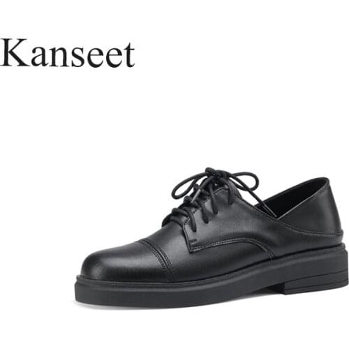 Kanseet Lace-Up Womens Pumps Round Toe 2021 New Spring Autumn Genuine Leather Solid Colors Casual Basic Female Shoe Big Size 43