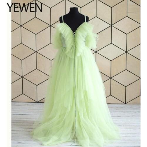 Ruffles V Neck Evening Dress Long Side Slit Maternity Gown Photo Shooting Dresses Photography Props YEWEN 2021