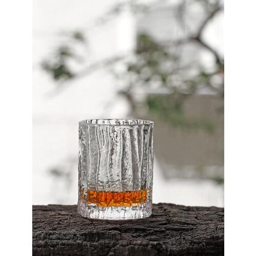 Japan INS Edo Crystal Hammer Bark Pattern Whiskey Old Fashioned Rock Glass Hand Made Carving Whisky Tumbler Cup Wood Present Box