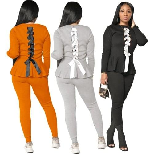Women Sexy Drawstring Front And Back Wear Ruffles Two-piece Set Bandage Long Sleeve Tops Matching Pants Outfits Casual Work Wear