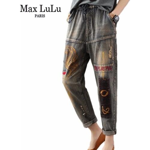 Max LuLu Autumn European Luxury Style Ladies Embroidery Denim Pants Women Casual Ripped Jeans Vintage Elastic Trousers Plus Size