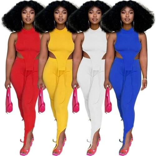 Women New Fashion 2pcs Tracksuits Solid Sleeveless Crop Top And Long Skinny Split Trousers Nightclub Vacation Outfits S-XXL