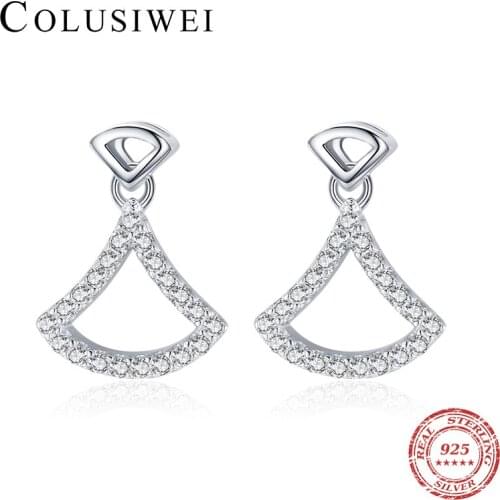 Colusiwei Fashion 925 Sterling Silver Sparkling Zircon Hollow Elegant Fan-Shaped Stud Earrings for Women Japanese Style Jewelry