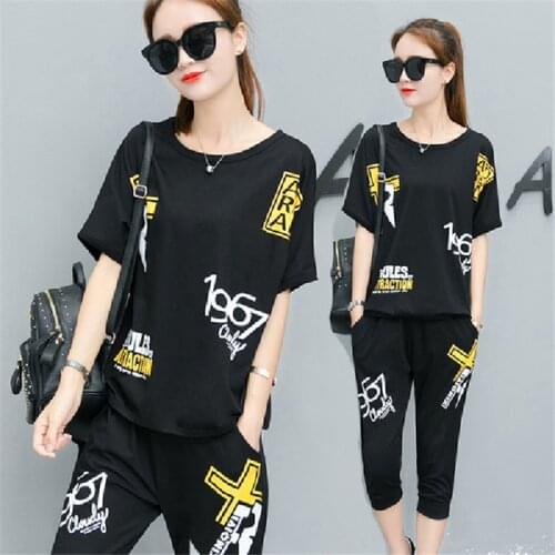 M-4XL Plus Size Tracksuit Women Two Piece Set Summer Clothes Letter Print T-shirt Top and Capri Pants Sweat Suits Casual Outfits