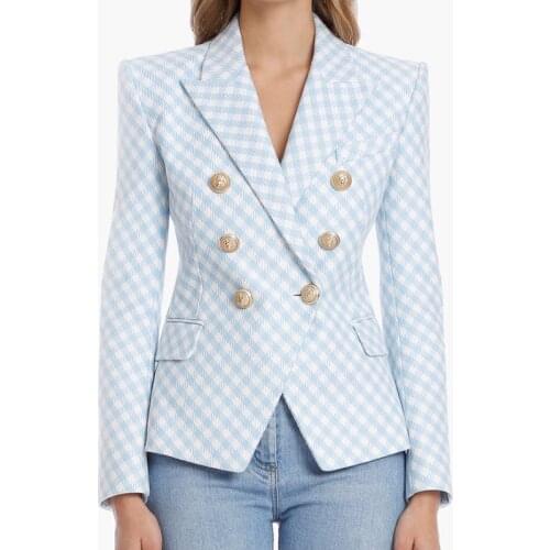 HIGH STREET Newest 2021 Designer Jacket Womens Slim Fit Lion Buttons Double Breasted Tweed Plaid Blazer