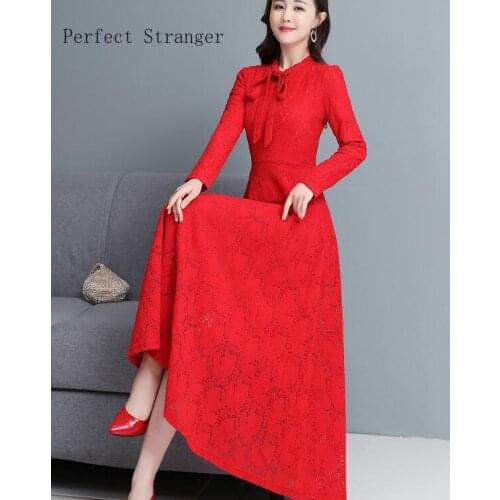 2021 Spring Autumn New Arrival Hot Sale Plus Size S-3XL Bow Collar Long Sleeve Solid Color Women Long Lace Dress