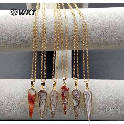 WT-N990 Wholesale Custom Natural Mexico Cornelian Stone Pendant Necklace Triangle Pendant With Gold Trim Neckalce For Women