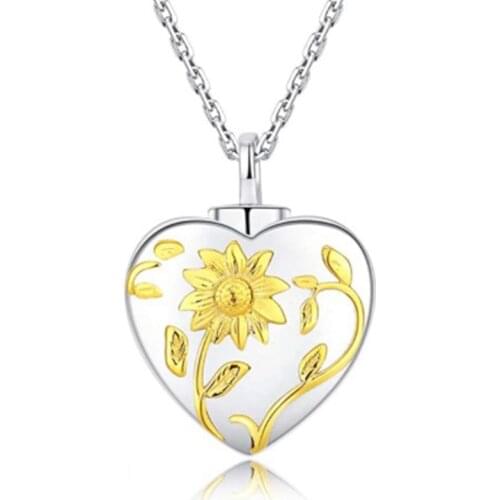 1PC Sunflower Heart Shape Urn Pendant Necklace Memorial Ashes Necklace