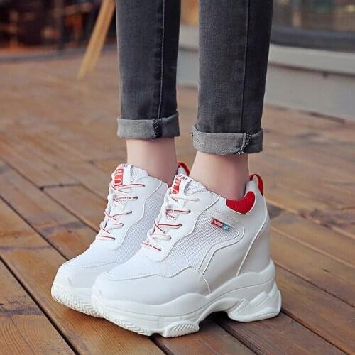 2021 New Women Platform Wedge Sneakers Mesh Leather 9CM High Heel Summer Casual Shoes Height Increasing Woman Outdoor White Shoe