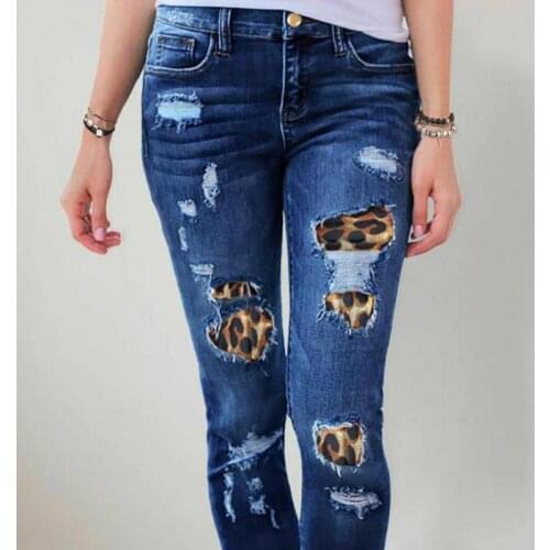 2021 European And American Street Pants Slim Leopard Print Pierced Elastic Womens Jeans