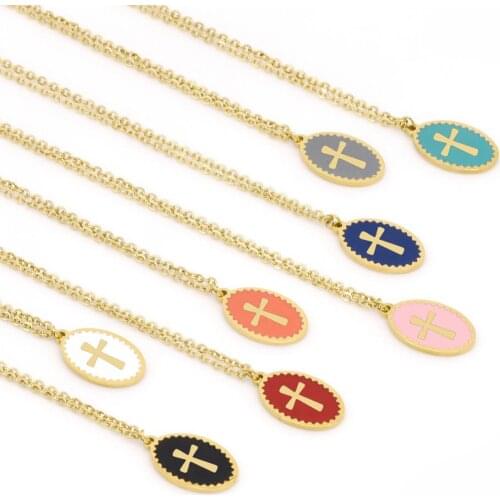 5pcs/pack gold cross dripping oil copper inlaid shell charms with thin link pendant choker necklace collar for woman gift