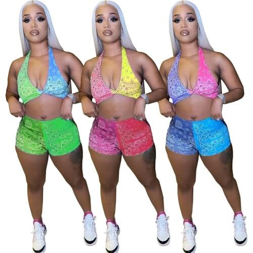 Adogirl Colorful Paisley Bandana Print Two Piece Set Summer Sexy Halter V Neck Crop Top + Shorts Bodycon Beach Tracksuit S-XXL