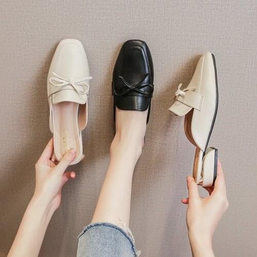 Big Sized Mules Women Shoes Low Heels Slippers Butterfly Knot Square Toe Slides Shallow Loafers Black Apricot Zapatos De Mujer