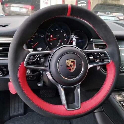 For Porsche Macan Cayenne 2015 2016 Black Suede Red Leather Hand Sewing Steering Wheel Cover DIY Interior Decoration