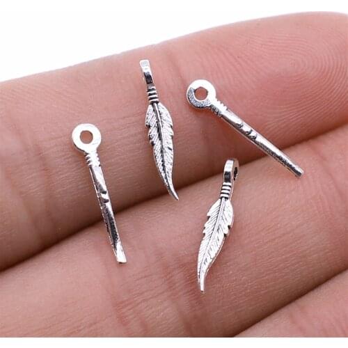 40pcs Feather Charms Pendant DIY Jewelry Findings Antique Silver Color Tone 3x16mm