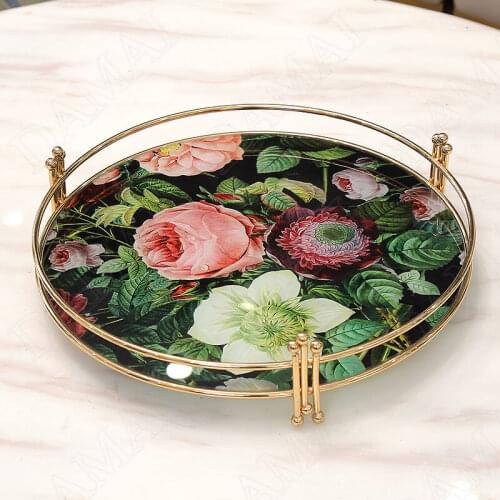 European Metal Frame Storage Tray Painted Flowers Glass Decor Desktop Tableware Organizer Bedroom Creativity Jewelry Organizer