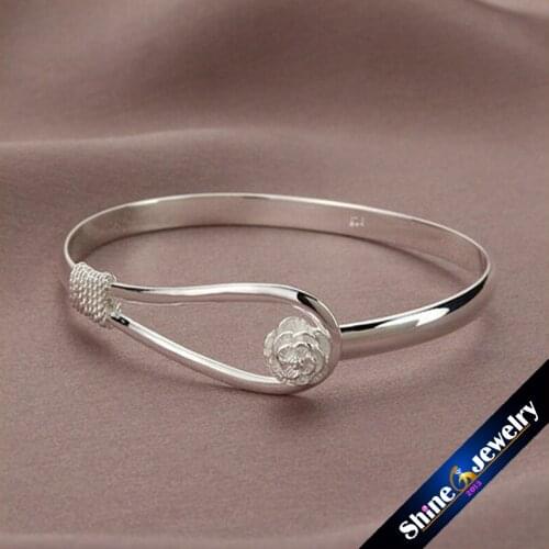 Wholesale Retro Flower Rose Cuff Adjustable Bangle Bracelet -Three times silver plated Free shipping
