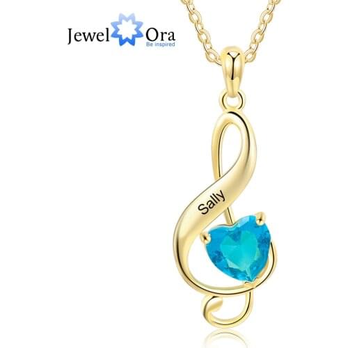 JewelOra Designer Personalized Musical Note Pendant with Heart Birthstone Gold Color Custom Name Engraved Necklace Gifts for Her