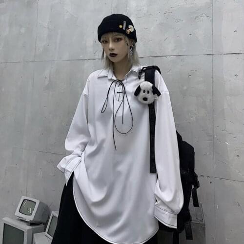 Dark temperament design shirt men and women drawstring tie lapel pullover sun protection long-sleeved shirt