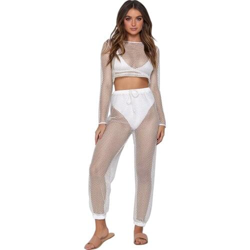 Sexy Women Two piece Sets Ladies Beach Cover Up Long Sleeve Fishnet Hollow Out Crop Tops Long Suits Female Bikini Clothes Sets