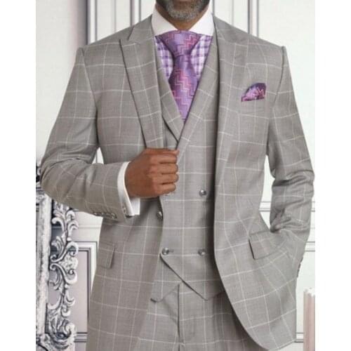 Gray Plaid Suit Men Vintage Tailored Slim Business Suits Dinner Suits Prom Dresses Groom Wear 3 Pieces Suits(Jacket+Vest+Pants)