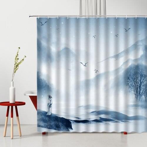 Chinese Style Shower Curtain Mountain Water Bird Tree Modern Simplicity Waterproof Bathtub Decoration Bath Curtains With Hooks