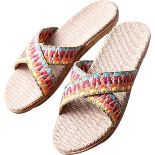 Womens Summer Home Linen Slippers Cross Striped Slippers Indoor Comfortable Flax Shoes Girls Sandals Women Slides Flip Flops