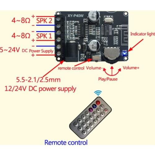 XY-P40W Bluetooth Digital Amplifier Board Audio Receiver Stereo Wireless with Remote Control 30/40W 12/24V R2LC