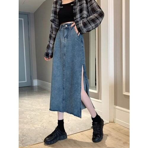 Summer New Korean High Waisted Slim Elastic Waist Split A-line Hip Skirt Temperament Versatile Denim Skirt