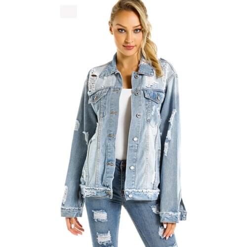 FNOCE 2020 winter new womens ripped jeans jackets fashion sexy trends solid long sleeve hole hollow out large size denim coats