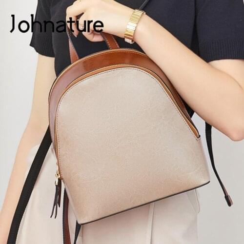 Johnature 2021 New Fashion Women Backpack Korean Style Versatile Cowhide Bag Large Capacity Leisure Solid Color Travel Bags
