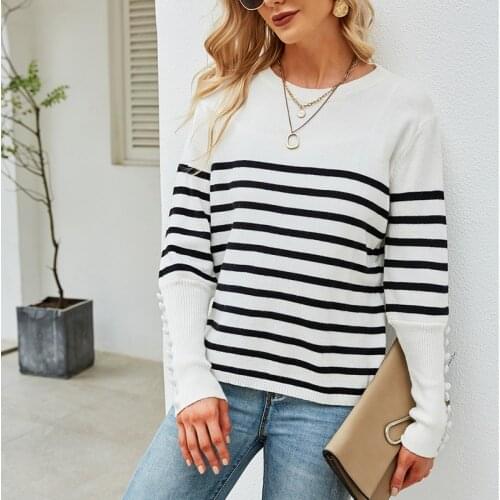 Womens Striped Button Sweater Fashion Large Size Knitted Pullover Womens Casual Round Neck Long Sleeve Top Autumn and Winter