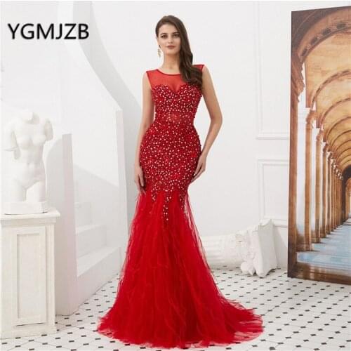 Red Mermaid Sparkly Evening Dress Long with Feathers Crystals Beads Luxury Prom Dress Formal Party Gown Robe De Soiree 2019